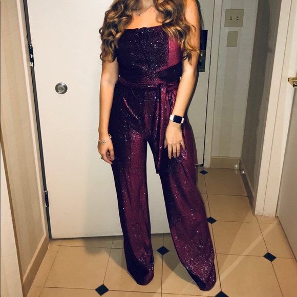 Luxxel Pants - Glittery Burgundy Jumpsuit